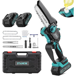 Міні-бензопила STANEW з 2 акумуляторами 2000mAh та зарядним пристроєм, 6 та 8 дюймів, 600W безщітковий двигун, для догляду за садом, обрізки дерев та роботи з деревом. Стандартна комплектація