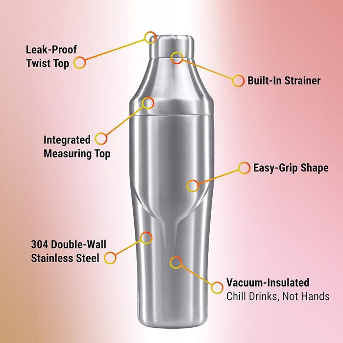 Lexenic Premium Cocktail Shaker 24oz - Vacuum-Insulated Martini Shaker, Spoon & Jigger Kit - 18/8 Stainless Steel - Drink Shaker - Built-in Strainer Margarita Shaker for Home Bar, Picnic, Gift