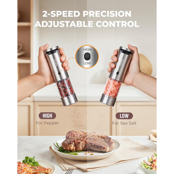 Sangcon Electric Salt and Pepper Grinder Set, 2 Speeds Rechargeable, 6 Externally Adjustable Grind Settings, Automatic Salt and Pepper Grinder Set with Storage Base, One-Hand Operation