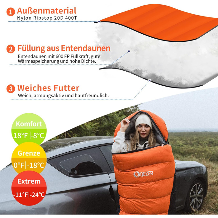 Спальний мішок пуховий зимовий, 600FP+ Premium, 7°C/ -24°C, легкий, теплий, 3-4 сезони, для кемпінгу, трекінгу, чорний/помаранчевий