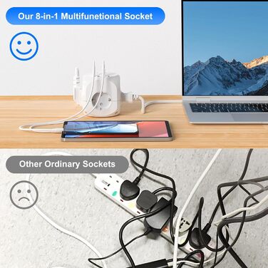 Блок розеток з USB-C, 4 розетки, плоский штекер, індивідуальне вмикання, багаторозетка-куб з 2м плетеним кабелем для офісу, дому, подорожей - білий 002-MF (4 розетки 2м)