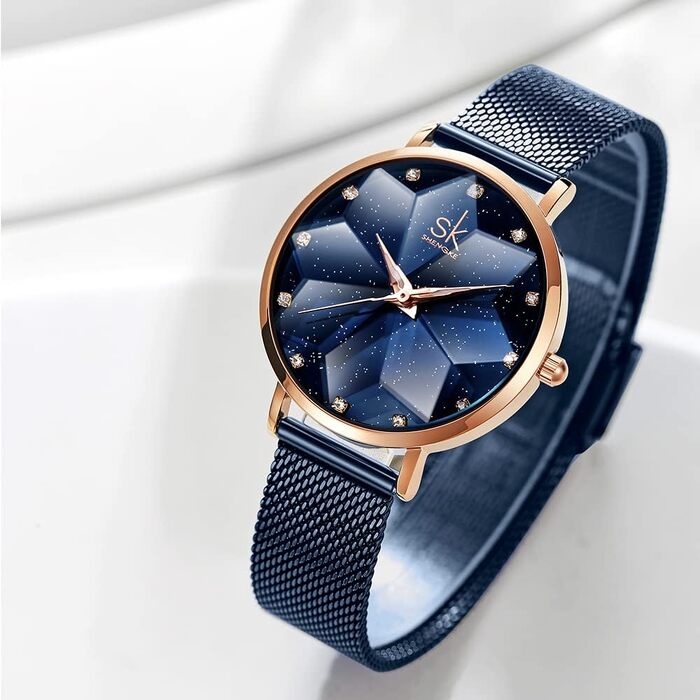 Жіночий наручний годинник SHENGKE Luxury: стильний дизайн, сталевий міланійський плетіння (синій колір)