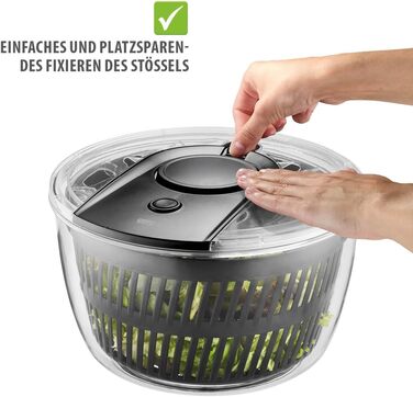 GEFU Салатниця-шпинька 5л з механізмом Push, вбудований виливний отвір та кнопка стоп, неслизька поверхня, придатна для миття в посудомийній машині, прозора