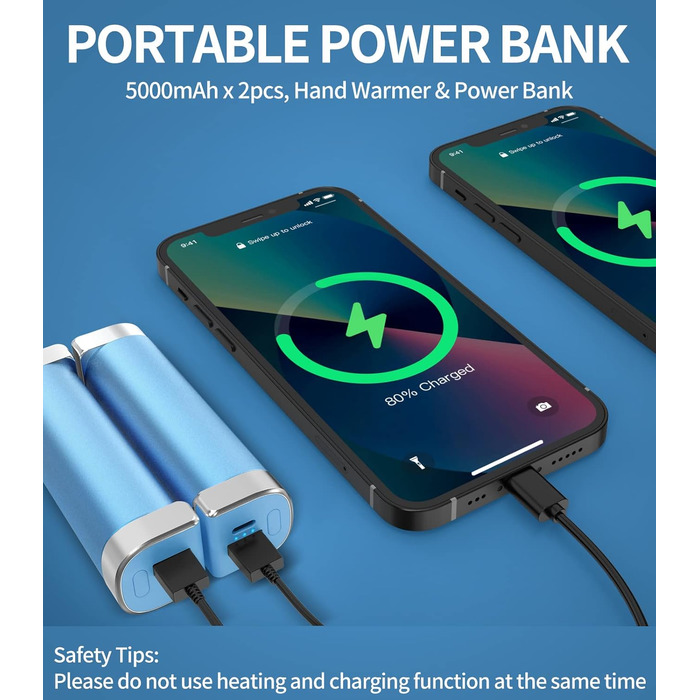 Електричні грілки для рук 5000mAh (2 шт.) - багаторазові, для активного відпочинку, дитячі, зимовий подарунок для жінок, чоловіків та дітей (блакитні)