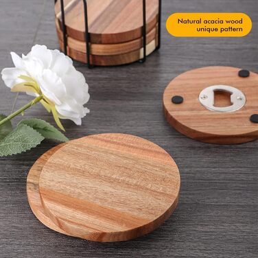 Acacia Wood Coasters Set of 6 with Bottle Opener, Wooden Coasters for Drinks with Holder, Table Protector for Home and Office Decor