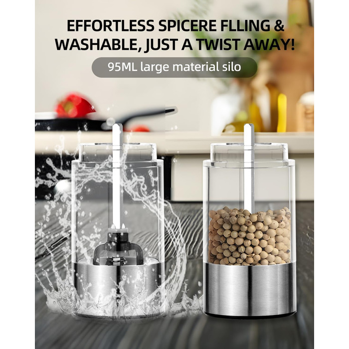 Електричний набір для солі та перцю з зарядною станцією, об'єм 110 мл, перезаряджувана солянка з 5 рівнями, керамічна млинка з щіткою (2 шт.)