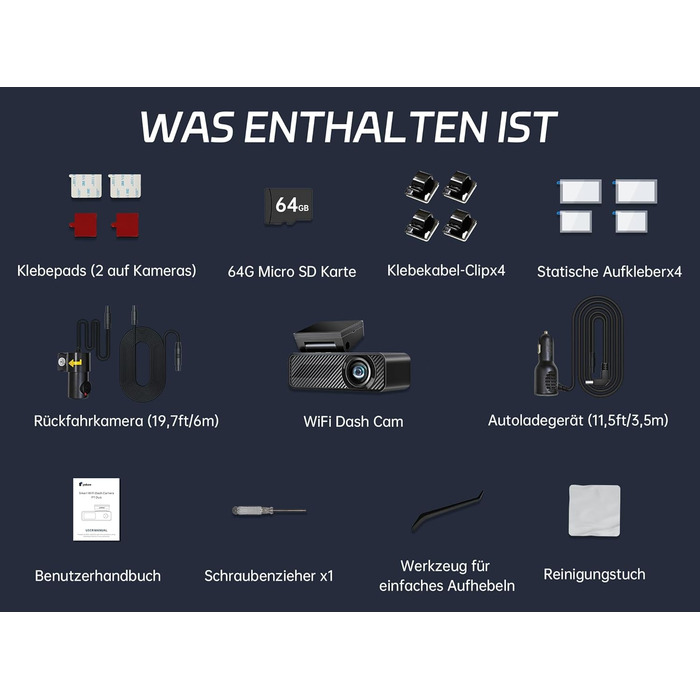 Відеореєстратор Pelsee P1 Duo 4K з двома камерами (передня та задня), Wi-Fi 5G, 64GB, IPS дисплей 1.5