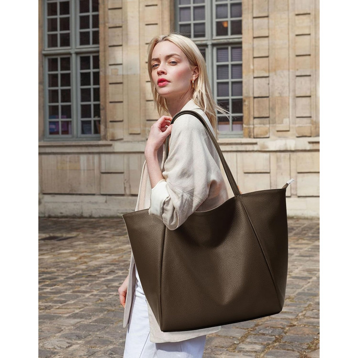 Сумка жіноча KALIDI шопер велика зі шкірозамінника (PU шкіра) коричнева для роботи, покупок, навчання з блискавкою