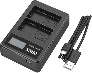 Зарядний пристрій Ayex USB сумісний з акумуляторами Nikon EN-EL15 для Z7 II, Z6 II, Z5, D850, D780, D750, D600. Зарядка через USB-C (з ноутбука, powerbank) з LCD-індикатором рівня заряду. Комплект: зарядний пристрій EN-EL15 (подвійний) + акумулятори