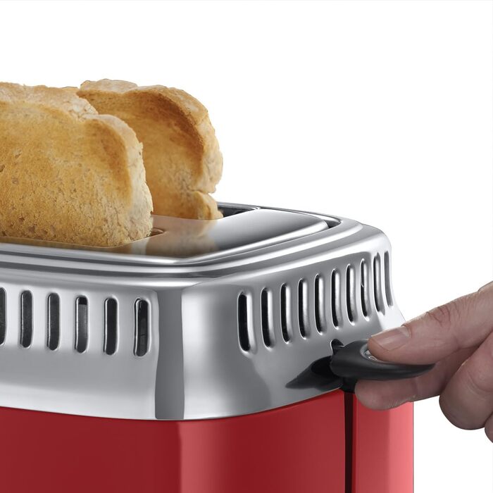 Russell Hobbs Toaster [for 2 slices] Retro Stainless Steel Red (Retro-style countdown display, includes bread roll attachment, 6 browning levels + defrost & reheat function, 1300W) Vintage 21680-56
