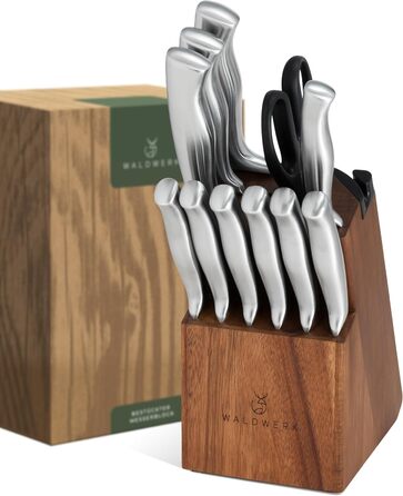 Waldwerk 7-Piece Knife Set with Block & Sharpener - Acacia Wood Block Set - Premium Kitchen Knife Set