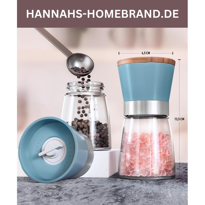 Мельниця для солі та перцю Hannah's Homebrand з керамічним механізмом - міцна для крупної солі (аквамарин, 2 шт.)