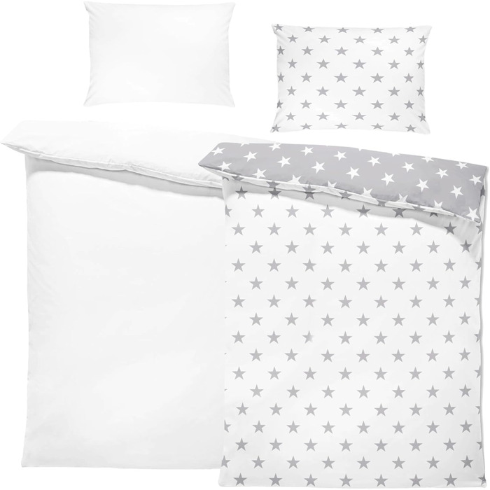 Комплект постільної білизни для дитячого ліжечка 90x120 см з бавовни Kinderbettwäsche - комплект ковдри та наволочок 40x60 см для малюків (хлопчиків та дівчаток). Oeko-Tex, білий з сірими зірками / сірий з білими зірками.
