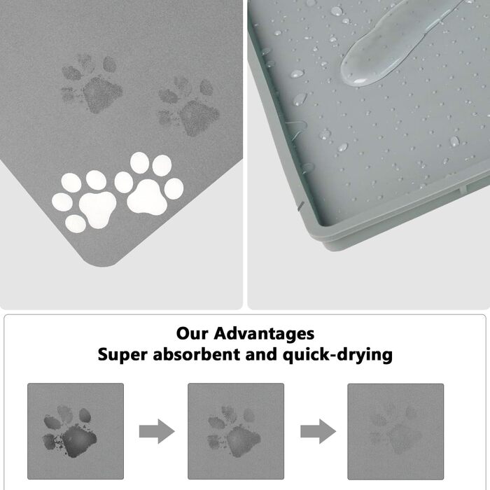 Килимок для тварин, супер вбираючий, для собак та котів, з неслизьким гумовим дном, швидковисихаючий, пральний, 40 x 60 см, 2 пари слідів лап, колір: світло-сірий