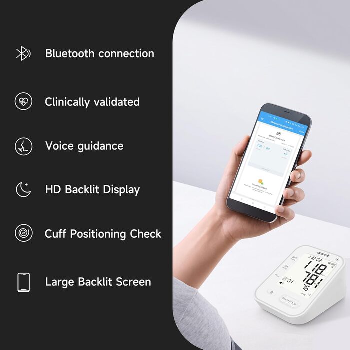 Тонометр Yuwell Intelligentes Oberarm з Bluetooth | Манжета 22-45 см, голосове повідомлення, підсвічування дисплея, акумулятор, додаток для iOS & Android (YE650AR)