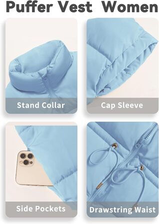 Жіноча велика пухова жилетка ELLEVEN, стеганий, з капюшоном, на блискавці, без рукавів, з кишенями, світло-блакитна