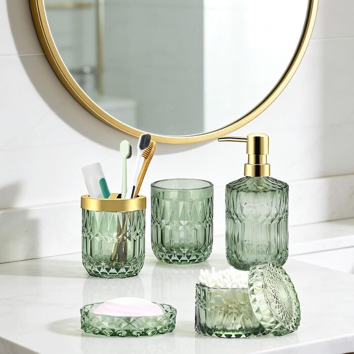 Набір аксесуарів для ванної кімнати скляний 5 предметів Lotionspender, мильниця, тримач для зубних щіток, стакан, декор (Зелений)