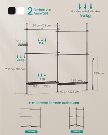 SONGMICS Telescopic Rod Clothes Rack, 3-Tier Wardrobe, Height and Width Adjustable, Open Clothes Closet with 2 Garment Rods and Removable Shelf, Grab Arm, HSR136B01 (Matte Black, 2 Rows (162B~238B) cm)