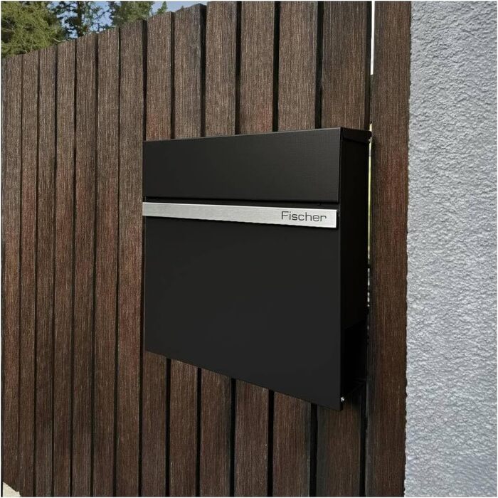 Поштова скринька Metzler з газетницею Anthrazit, персоналізована з табличкою з нержавіючої сталі V2A, порошкове покриття RAL 7016 Anthrazit - Stelio (RAL 9005)