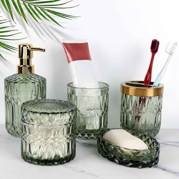 Набір аксесуарів для ванної кімнати NZZVNZ, 5 шт. - зелене скло, набір мильниць, дозатор мила, тримач для зубних щіток, контейнер для ватних паличок, склянка, декор для ванної кімнати, вінтажний подарунок