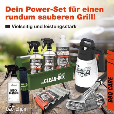 Bio-Chem Grill Cleaning and Care Set Professional Box 9-Piece: Smoke Residue Remover 1L (including spray bottle) + BBQ Cleaner 750ml + Stainless Steel Cleaner 750ml + Foam Sprayer + Grill Brush & Grill Sponge