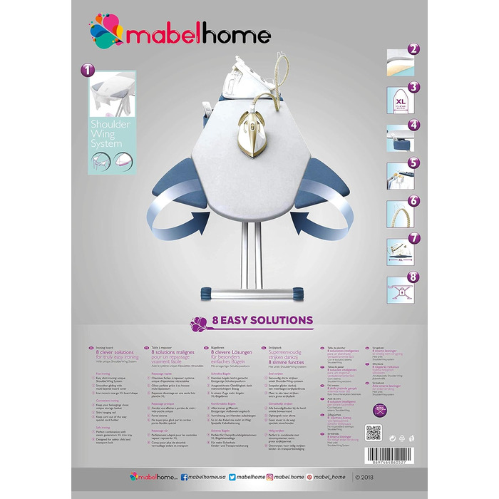 Прасувальна дошка Mabel Home Extra-Wide з крилами та 8 функціями + чохол, сіра (для ліжка)