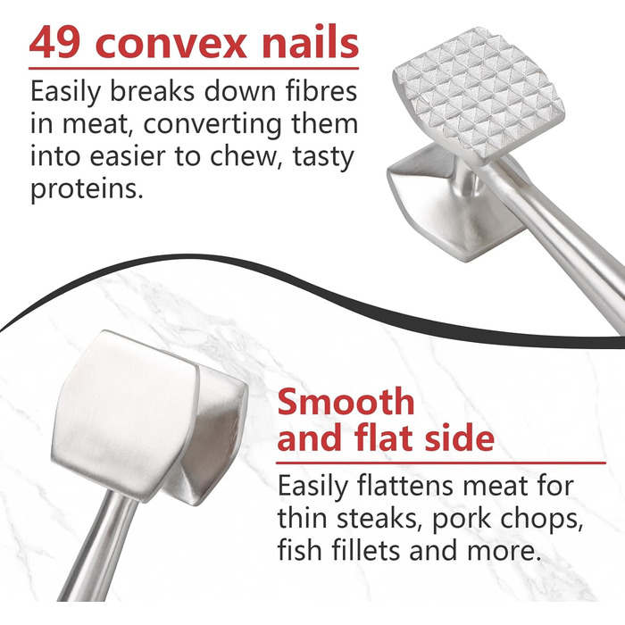 АКОЛАФЕ Fleischklopfer: М'ясорубка для відбивання м'яса з нержавіючої сталі, 26 см, подвійна сторона, для стейків, курки, свинини, реберець, антипригарне покриття, з отвором для підвішування, придатна для миття в посудомийній машині