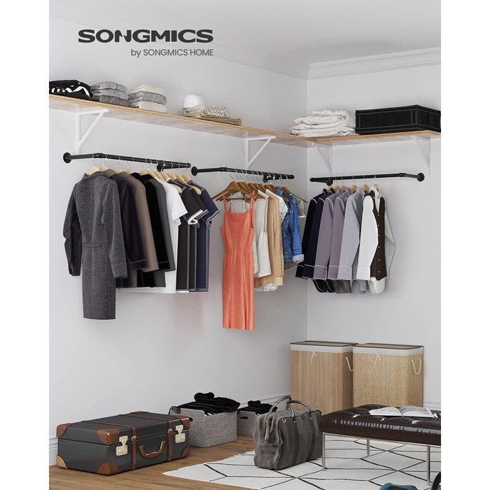 SONGMICS Wall Mounted Clothes Rails, 2 Pack, Coat Rails, Wall Mount, Space-Saving, 92 x 30 x 7.5 cm, Easy Assembly, Industrial Design, for Small Apartments, Black HSR67BK02