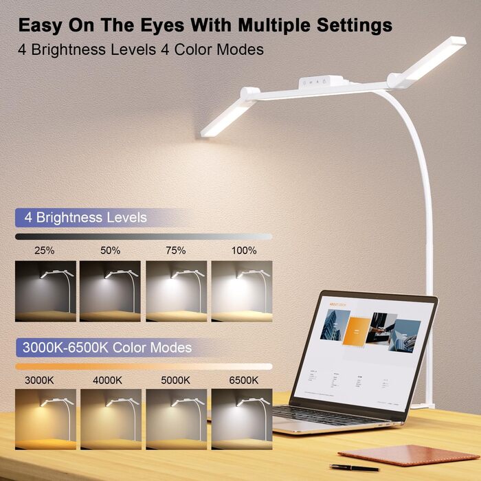 LED лампа настільна EppieBasic з кріпленням, 24W, 3 насадки, регулювання яскравості, для офісу та дому, 1200LM, захист очей, гнушкий шийний механізм, 4 режими температури кольору, таймер 30 хв