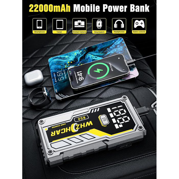 Powerbank Starthilfe 5000A з LCD екраном для автомобіля 12V. Зарядний пристрій для акумулятора авто з LED ліхтариком, підходить для 10л бензину або 9л дизеля. Срібний колір.