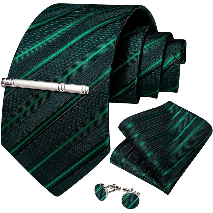 Набір краваток для чоловіків DiBanGu з шовковими смугами та клітинкою, з кишеньковим хустиною, затискачами для краваток та латунними манжетами, для весілля та офіційних заходів, зелений в смужку