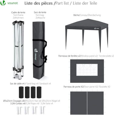 VOUNOT® 3x3m (approx. 10x10ft) Pavilion with 4 Side Walls & 4 Sandbags, Pop-Up Folding Pavilion, Foldable Garden Tent Party Tent, including Bag, Grey