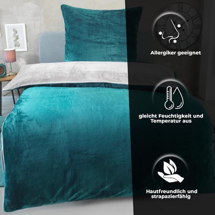 DreamHome Зимова двостороння плюшева постільна білизна 135x200 Nicky-Teddy Cashmere Touch Coral Fleece ковдра + наволочка 80x80, колір: смарагдово-сріблястий