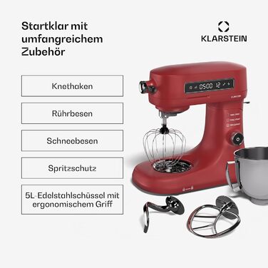 Кухонна машина Klarstein Chiara 1600W з чашею 5л з нержавіючої сталі, 12 швидкостей, LCD-дисплеєм, тиха робота ≤72 dB, набір для випічки, сумісний з посудомийною машиною, корпус з алюмінію, червона