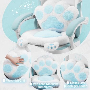 Ігровий крісло Dowinx з підніжкою, ергономічний, з дизайном лапок кота, тканинний, без крил, регульований, для дорослих, блакитний