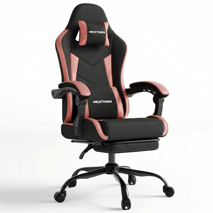 Геймерське крісло Nexthra Ergonomisch з підставкою для ніг, до 180 кг, рожеве. Офісне крісло для геймінгу та роботи, з регульованою спинкою 150°