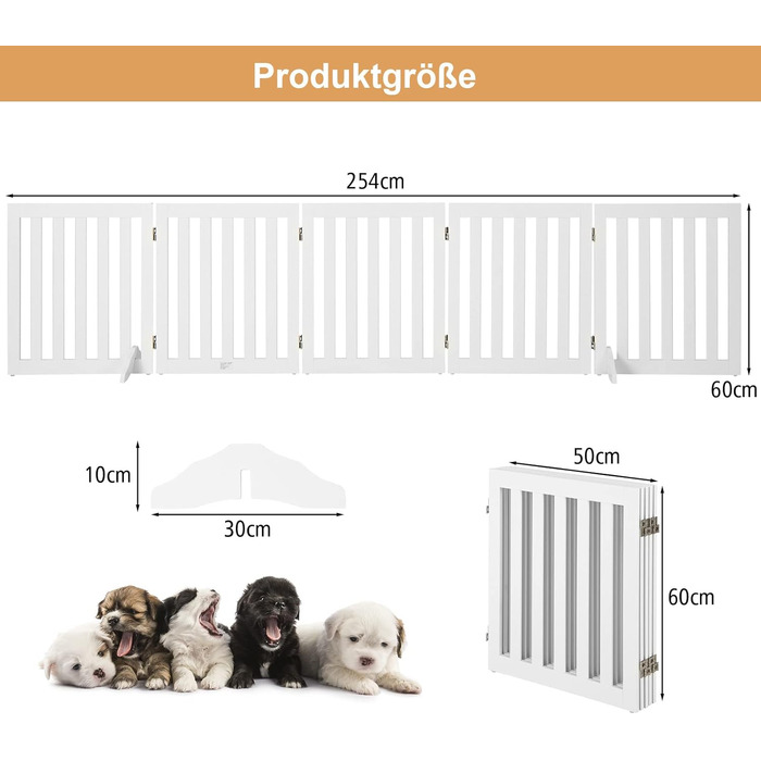 Захисний бар'єр для собак COSTWAY 60см, дерев'яний, дитячий, розкладний, для сходи, білий (5 панелей)