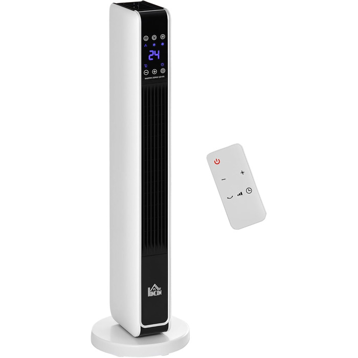 Електричний обігрівач HOMCOM 2200W – керамічний нагрівальний тумба з пультом, таймером та осциляцією, білий+чорний, 21 x 21 x 73 см