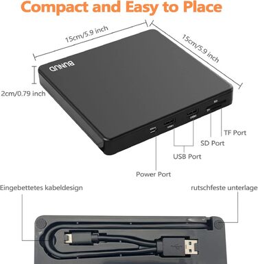 Зовнішній DVD-навігатор та CD-привід BUNUD для Windows 11, Mac, MacBook, PC: USB DVD-записувач та плеєр з картридером SD/TF та 2 USB-портами