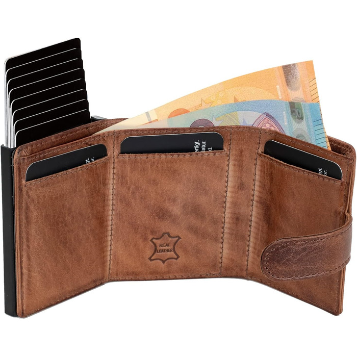 Чоловіче/жіноче картхолдер Volmer POP-UP з відділом для монет, з натуральної шкіри, RFID захистом, вміщує до 11 карт, кольори: Hunter Green (зелений), Zip Braun (коричневий)