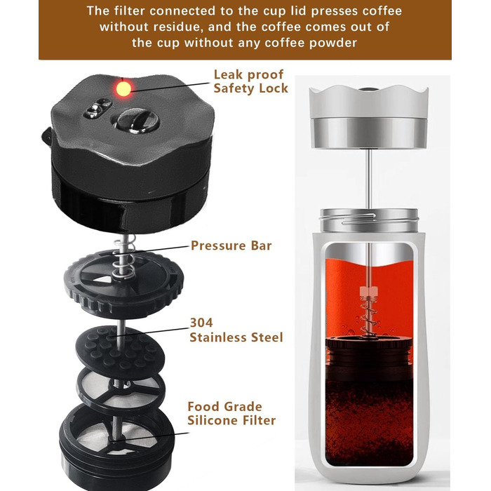Френч-прес для кави та чаю, нержавіюча сталь, термокружка з фільтром, чорний