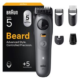 Триммер для бороди Braun Series 5 BT5525: Електрична машинка для стрижки бороди з 5 насадками, водонепроникна, 40 налаштувань довжини, сірий
