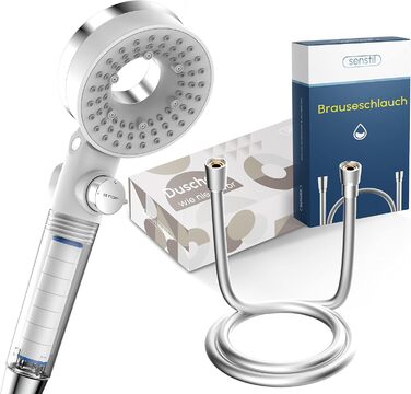 senstil® Premium Shower Head with Hose | Up to 60% Water-Saving Handheld Shower | 3 Spray Modes | SPA, Rain Shower, Booster | Optimal Water Pressure, Smart-Stop Button Saves Water & Energy (White)