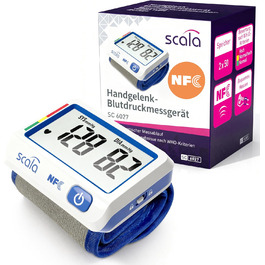 Тонометр на зап'ястя Scala SC 6027 NFC - точний вимірювач артеріального тиску з індикатором ВООЗ, 85 місць пам'яті, Fuzzy Logic, з коробкою та батарейками, манжета 13,5-19,5 см