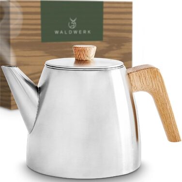 WALDWERK Teapot with Infuser - Teapot Thermal Double-Walled - Teapot with Strainer made of 304 Stainless Steel - Tea Maker with Genuine Oak Wood Handles - Tea Pot 100% Drip-Free