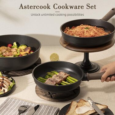 Набір посуду Astercook (19 предметів): каструлі та сковорідки з титановим антипригарним покриттям для індукційних плит, без PTFE, PFOA та PFOS, чорний