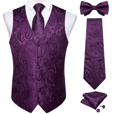 Набір DiBanGu для чоловіків: шовкова жилетка та краватка з паєтками, попередньо зав'язаний бантик, для весілля, свят, 6 шт., колір: фіолетовий (M)