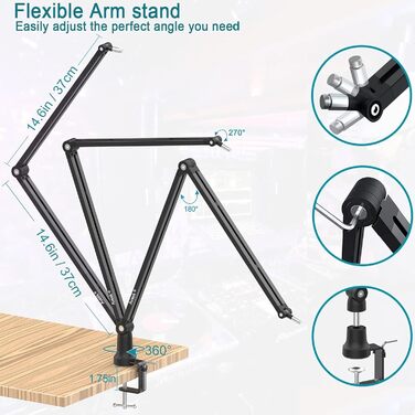 Кріплення для мікрофона на шарнірній стійці, регульоване, низькопрофільне для Blue Yeti, HyperX QuadCast, з адаптером 3/8' на 5/8'