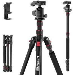 Штатив для камери NEEWER Basics з моноподом, 71' (22 см) з алюмінію, важкий, портативний, для подорожей, DSLR, мобільний телефон, 360° кульова головка, кріплення для телефону, сумісний з iPhone, для зйомки відео