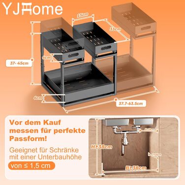 Висувний органайзер під мийку YJHome, металевий стелаж для кухні та ванної, 2 яруси, з регулюванням ширини та висоти, чорний